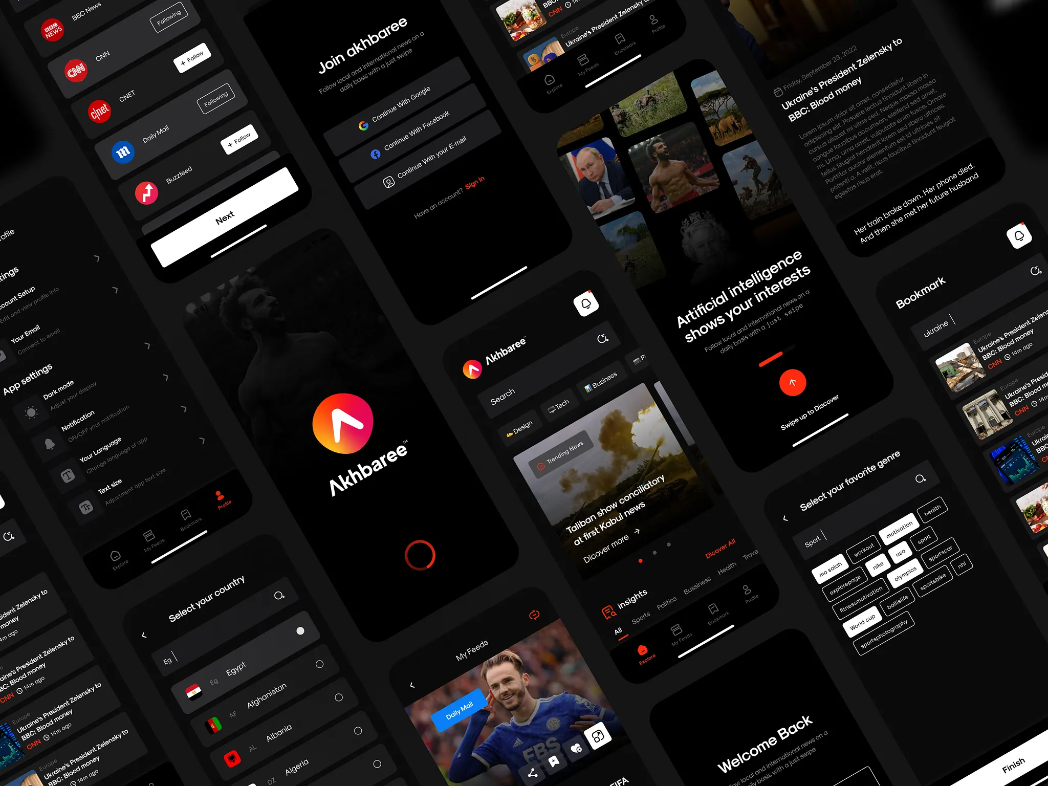 Akhbaree news app — feed screens